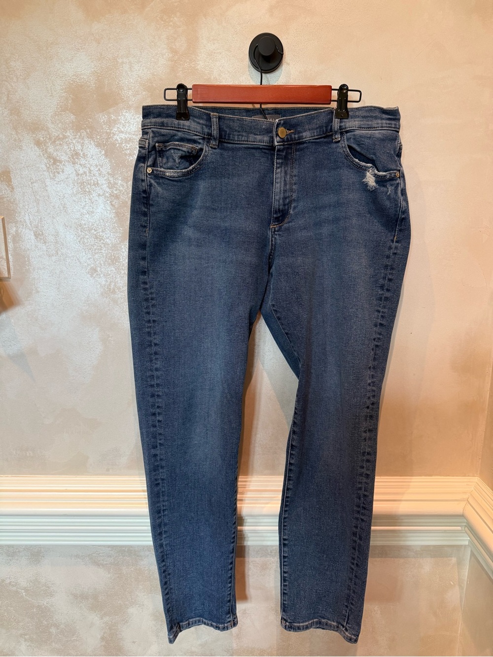 DL1961 Dark Blue Riley Boyfriend Jeans with Subtle Distress